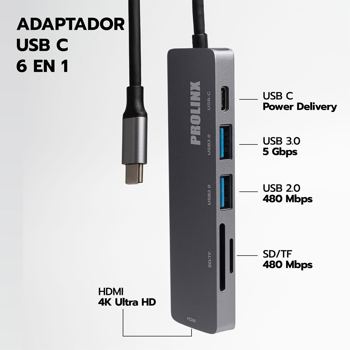 Hub Prolinx 6 en 1 USB-C Gris metálico-2