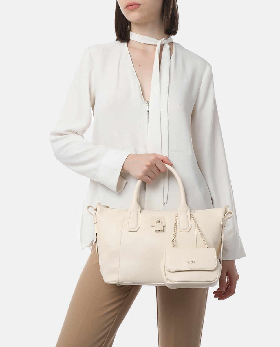 Mala Shopper Pequena com Bolso Amovível a Condizer Cru-5