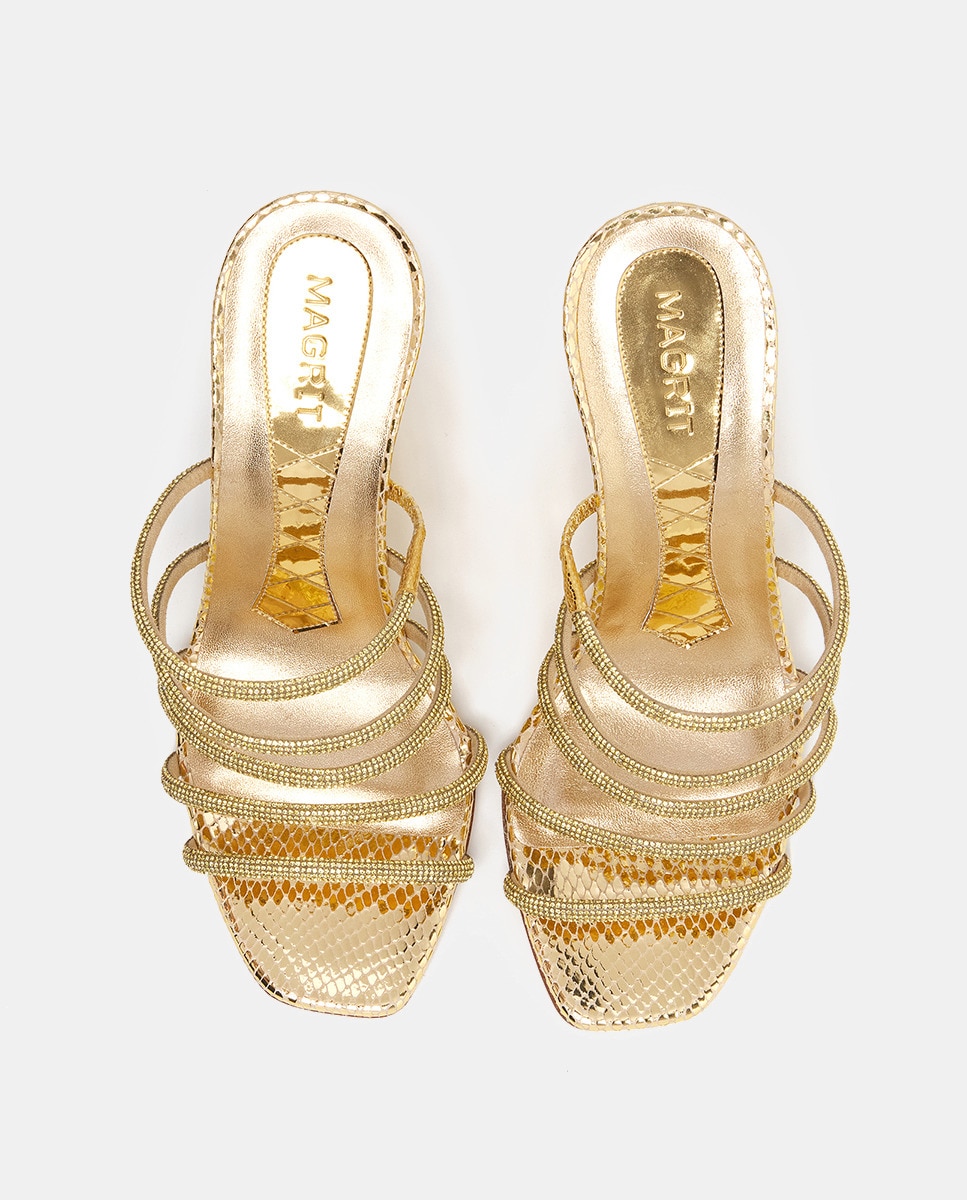 Sandálias de Cunha Anaïs com Tiras de Cristais Swarovski e em Pele Ouro-4