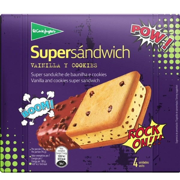 Supersándwich helado de vainilla y cobertura de chocolate 4 unidades estuche 600 ml