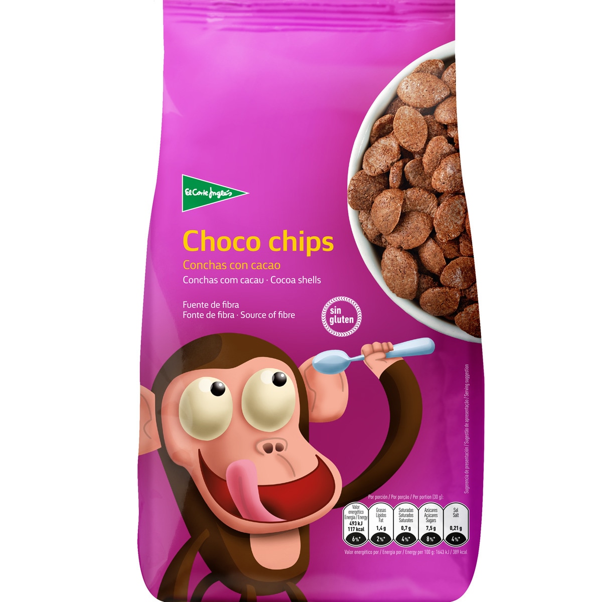 Choco Chips cereales de desayuno en conchas de maíz y arroz con cacao sin gluten bolsa 500 g