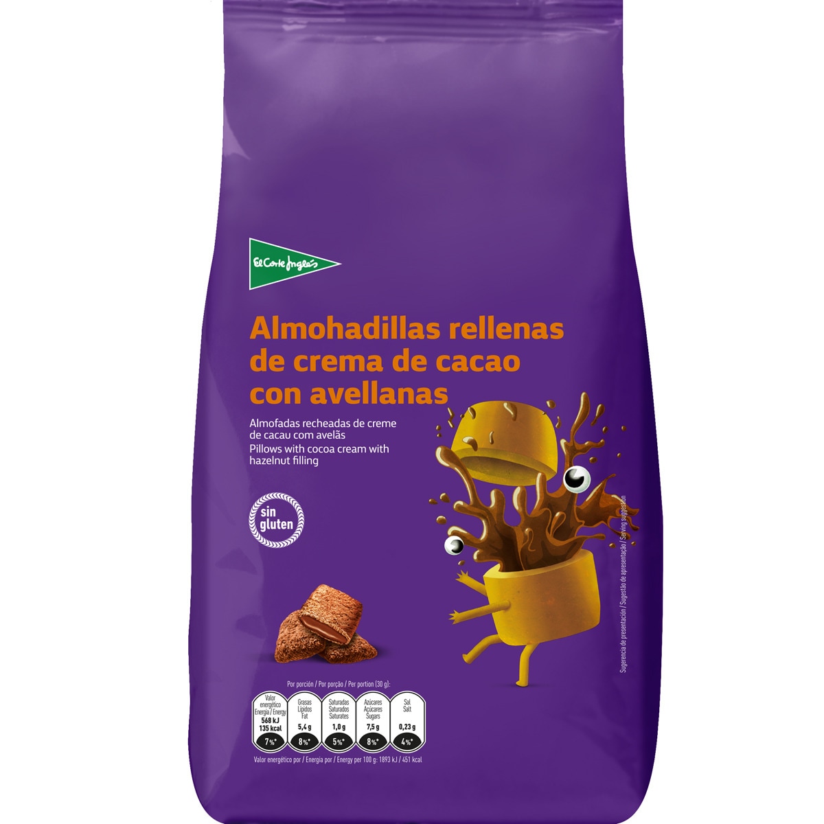 cereales de desayuno en almohadillas rellenas de crema de cacao con avellanas sin gluten bolsa 500 g