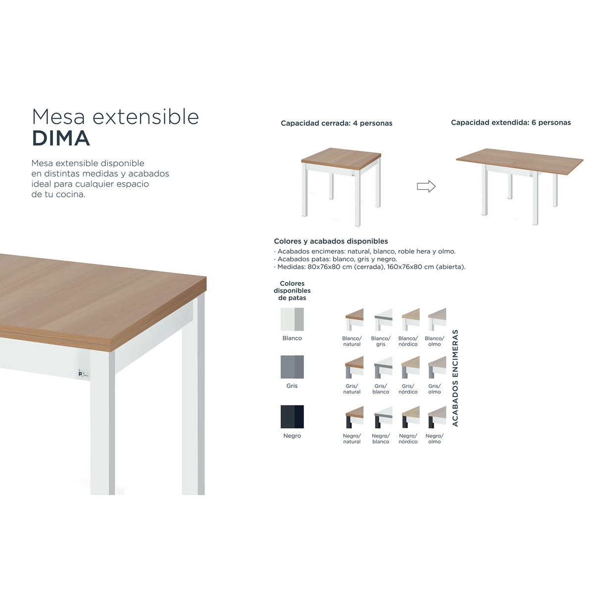 Mesa de Cozinha Dima Extensível com Perna Branca Branco / Cinzento-2