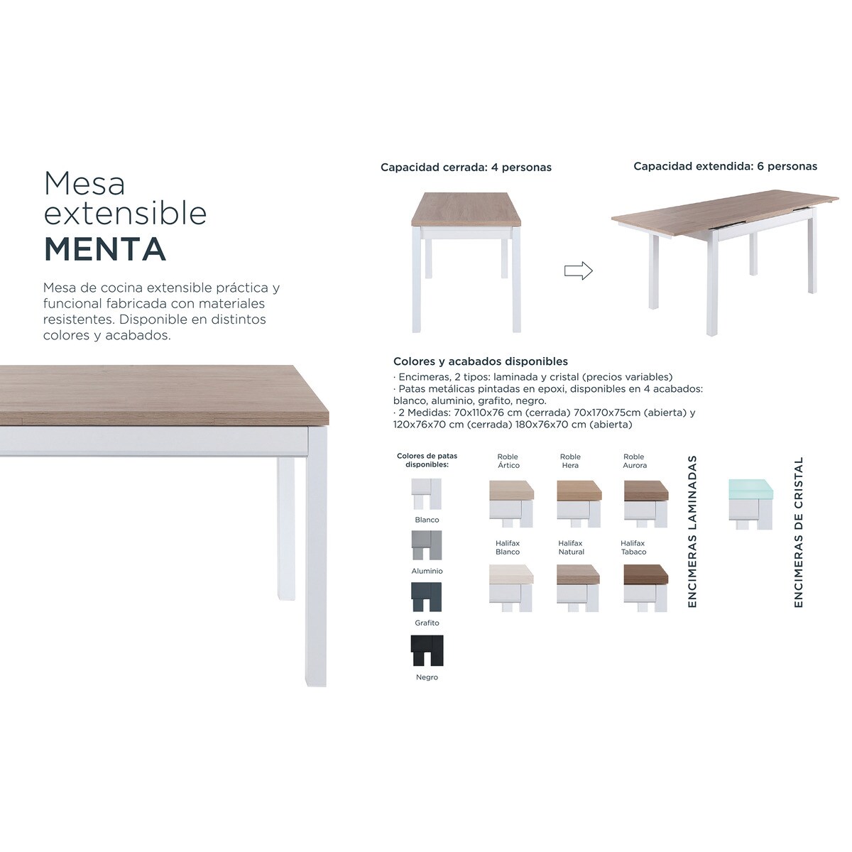 Mesa Extensível com Superfície de Vidro Menta Preto / Branco-2