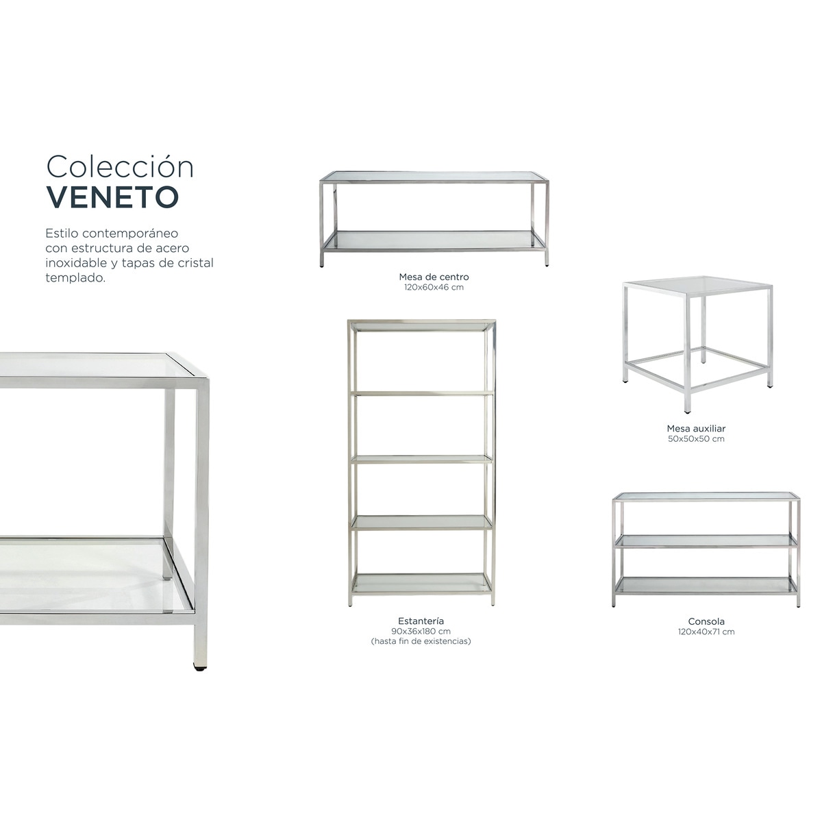 Mesa auxiliar de aço e vidro Véneto Cromado-6