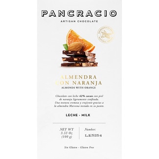 chocolate con leche, almendras y naranja confitada sin gluten tableta 100 g - Pancracio