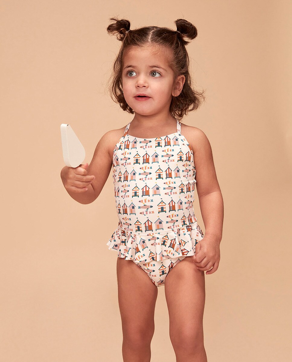 Fato de Banho Estampado com Casinhas Branco-1