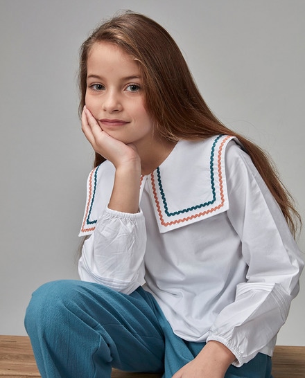 Blusa Con Volante En El Cuello Con Borda - Blanco - Gocco