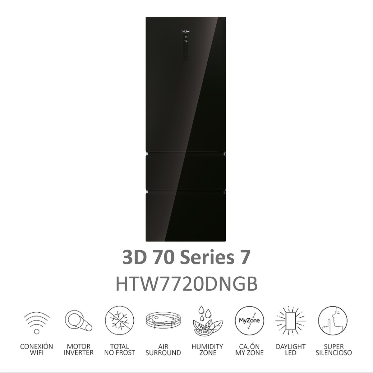 Frigorífico Combinado Haier 3D 70 Series 7 HTW7720DNGB de 3 Portas, No Frost, Wifi e de 200,6 cm - Vidro Icónico Vidro preto-13