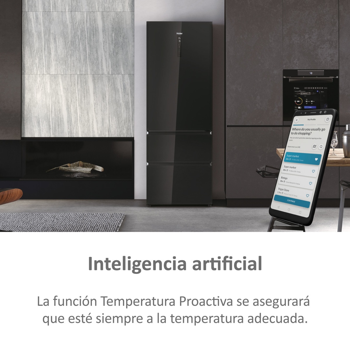 Frigorífico Combinado Haier 3D 70 Series 7 HTW7720DNGB de 3 Portas, No Frost, Wifi e de 200,6 cm - Vidro Icónico Vidro preto-6