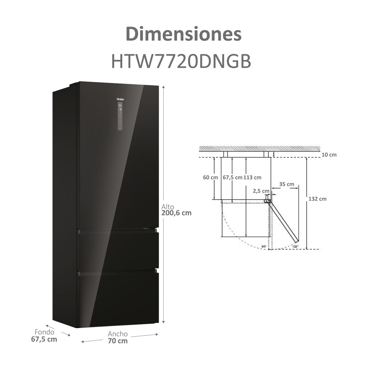 Frigorífico Combinado Haier 3D 70 Series 7 HTW7720DNGB de 3 Portas, No Frost, Wifi e de 200,6 cm - Vidro Icónico Vidro preto-4