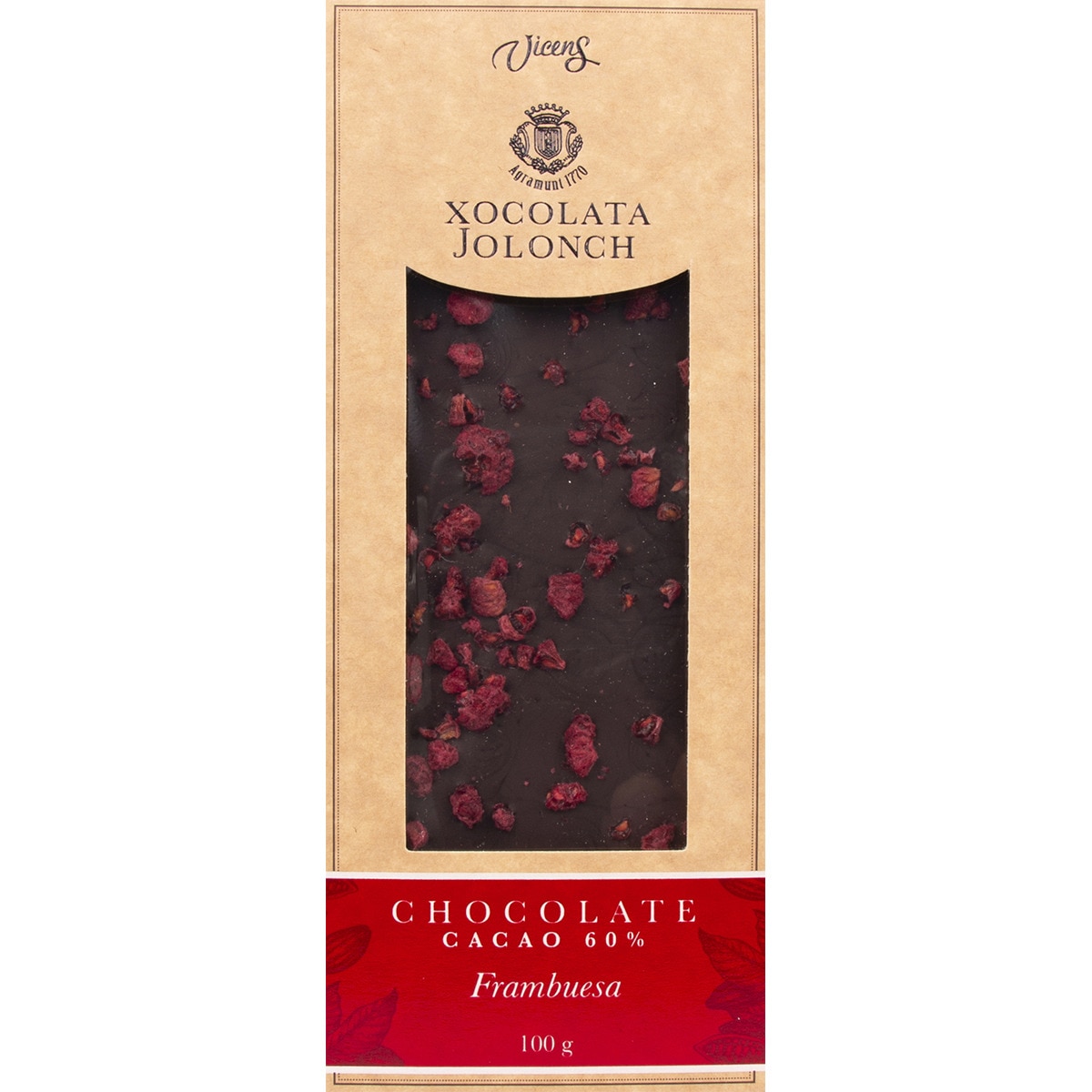 chocolate negro 60% con frambuesa tableta 100 g