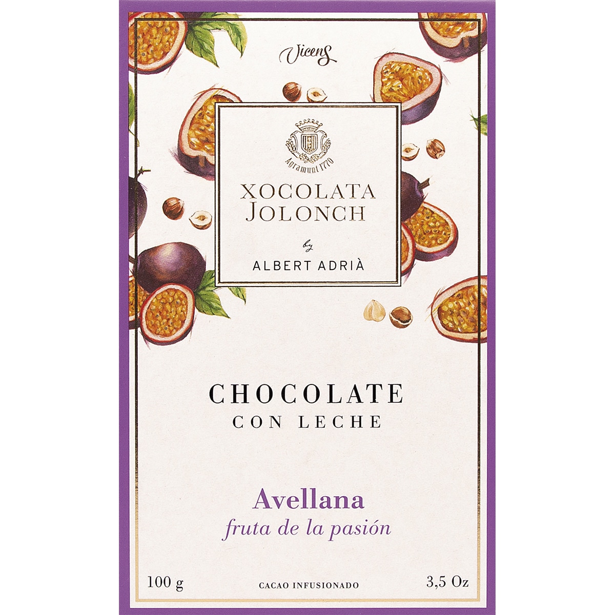 chocolate con leche, avellanas y fruta de la pasión tableta 100 g
