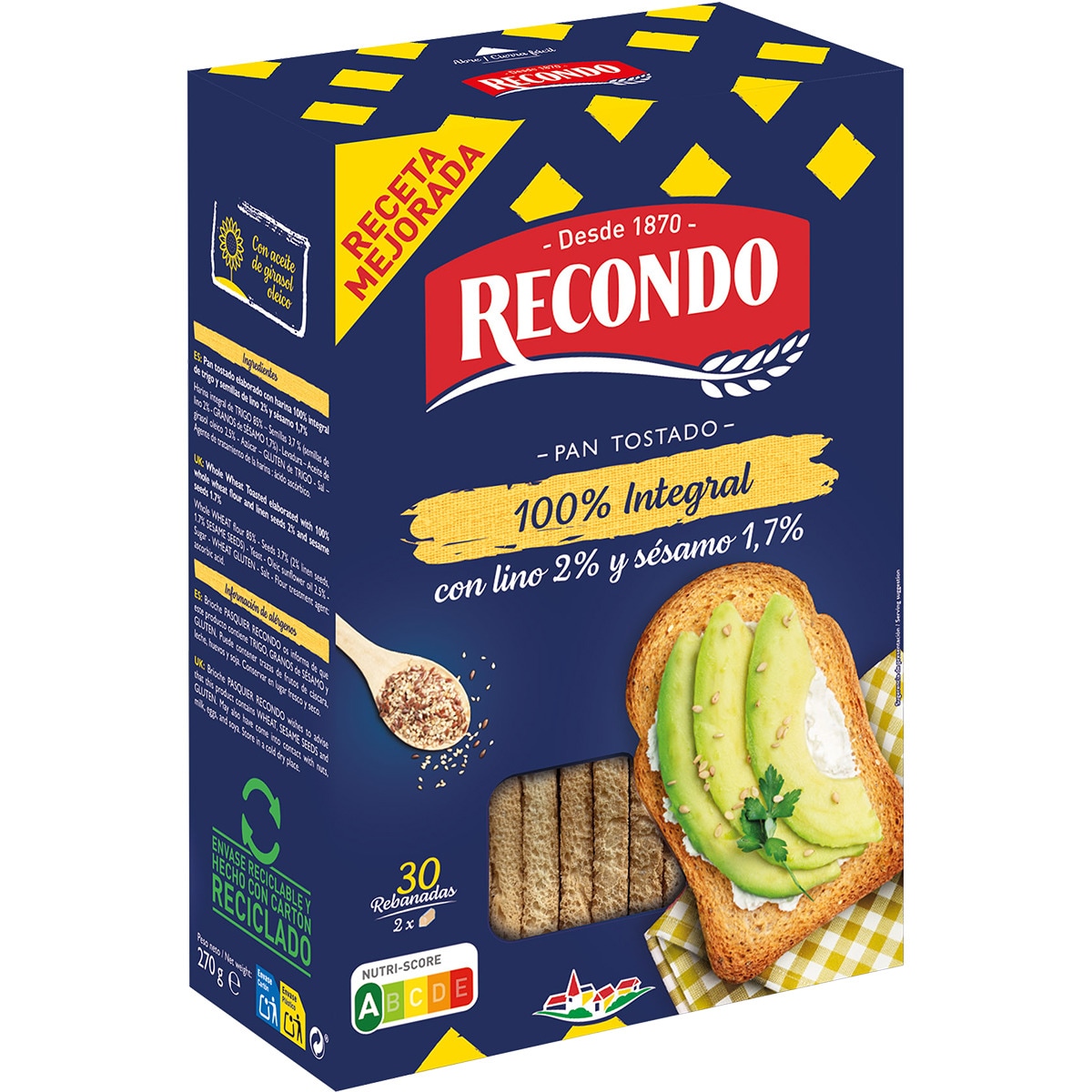 pan tostado 100 % integral con lino y sésamo 30 rebanadas paquete 270 g