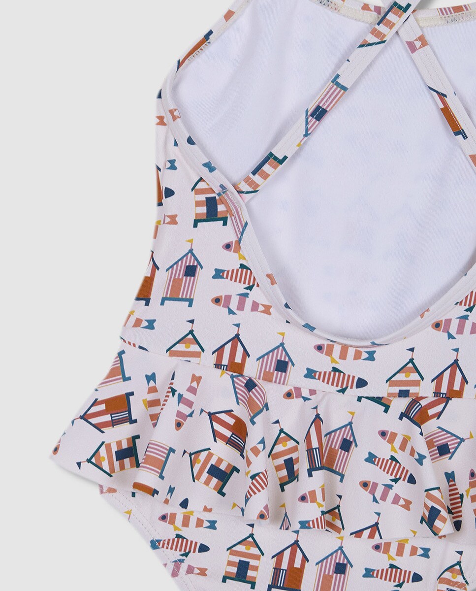 Fato de Banho Estampado com Casinhas Branco-5