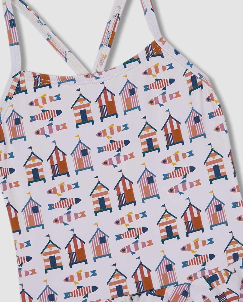 Fato de Banho Estampado com Casinhas Branco-4