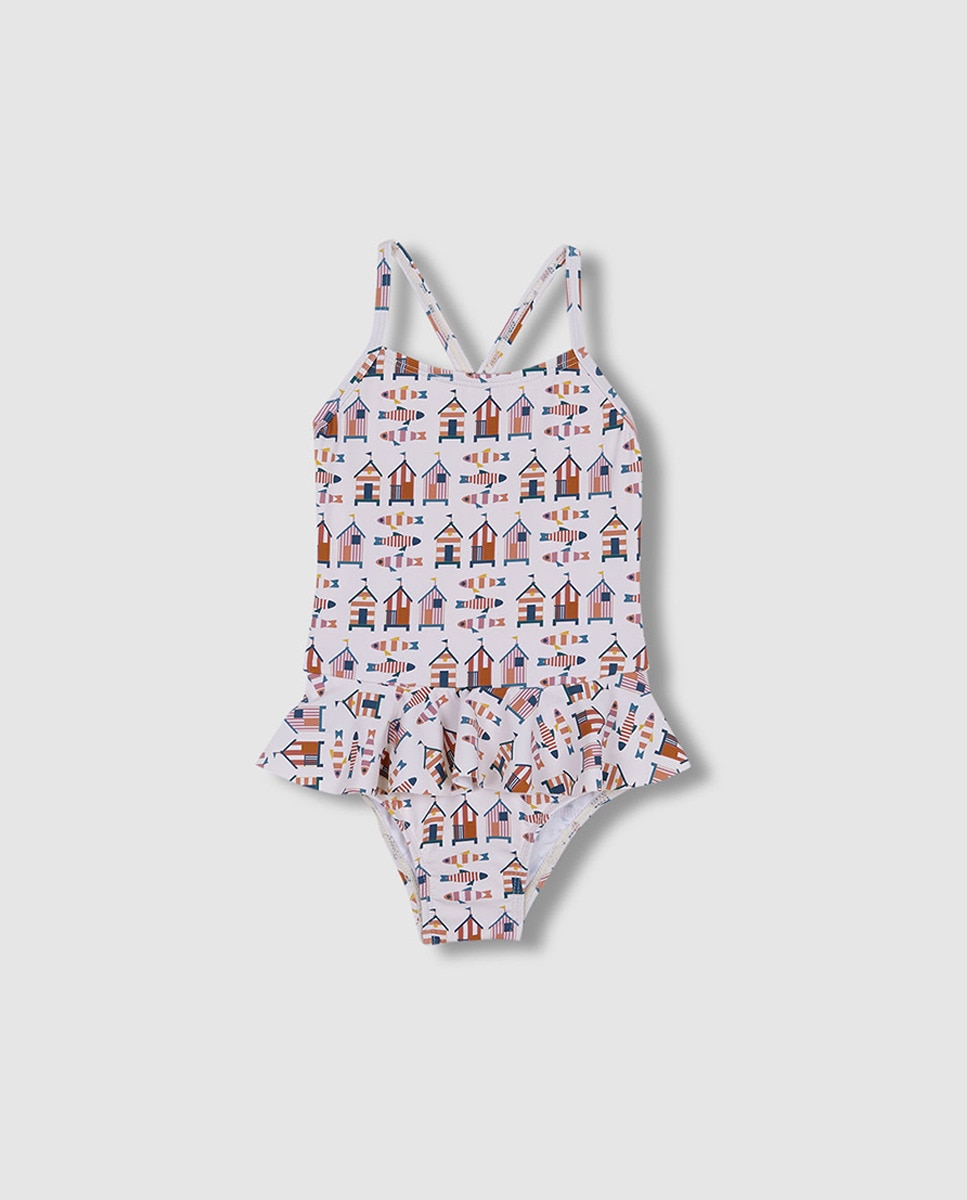 Fato de Banho Estampado com Casinhas Branco-2