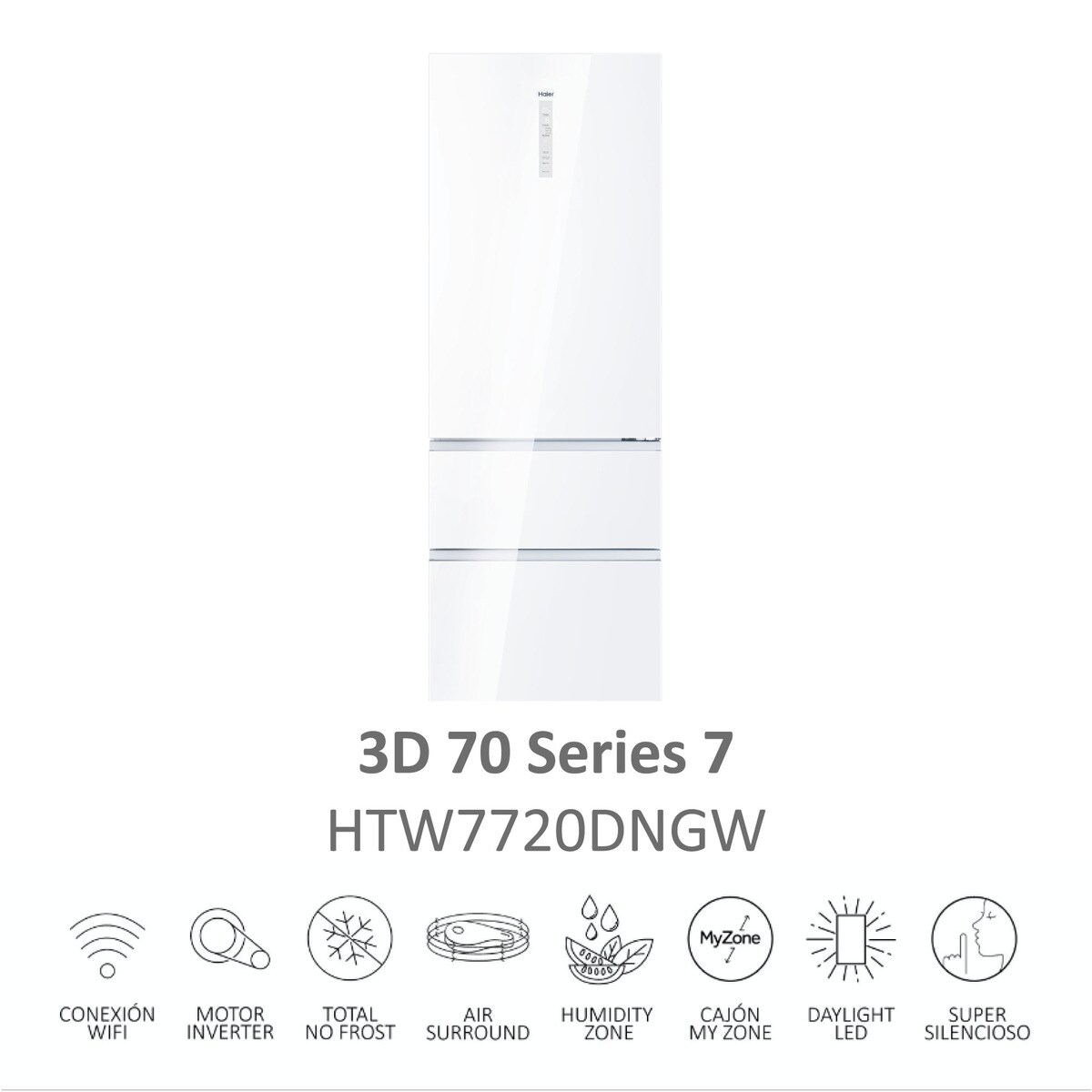 Frigorífico combi Haier, Wifi, Total No Frost, 70 cm de ancho 3D 70 Series 7- HTW7720DNGW Cristal blanco-6