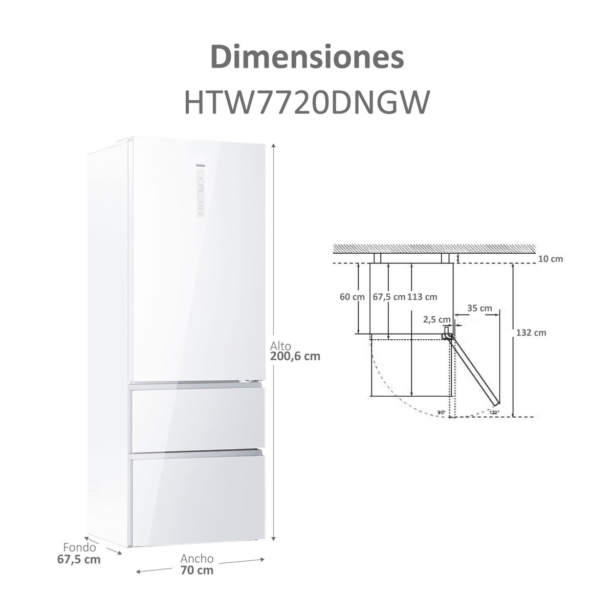 Frigorífico combi Haier, Wifi, Total No Frost, 70 cm de ancho 3D 70 Series 7- HTW7720DNGW Cristal blanco-5