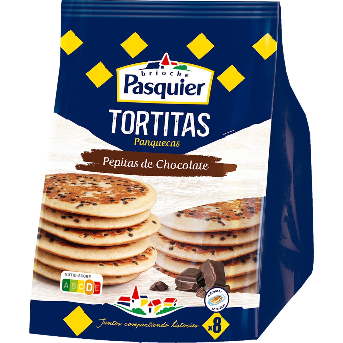 tortitas panquecas con pepitas de chocolate 8 unidades envasadas de 2 en 2 bolsa 280 g