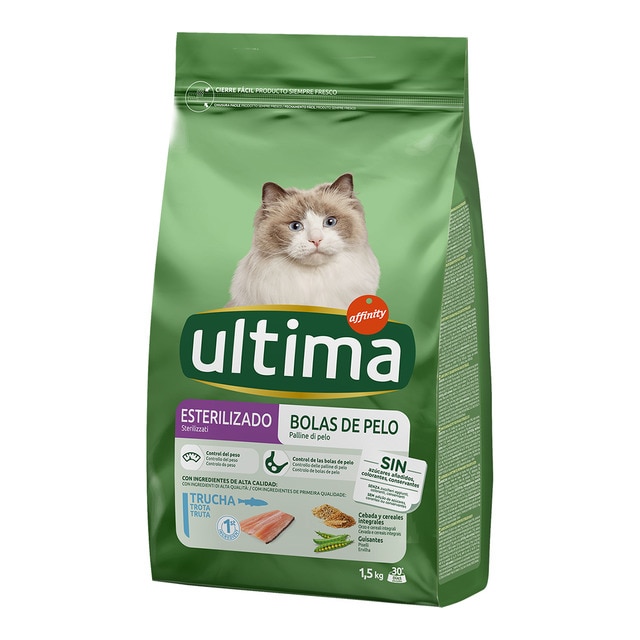 Imagen 0 de Pienso para gatos adultos esterilizados Ultima bolas de pelo trucha 1,5 kg