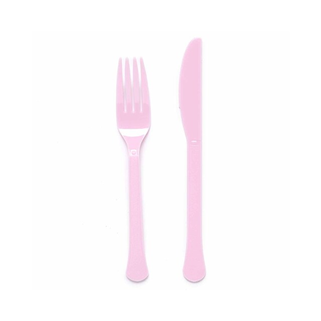 Imagen 0 de Pack 12 Tenedores y 12 Cuchillos Plástico Reusables 18 cm Liragram Rosa Nube