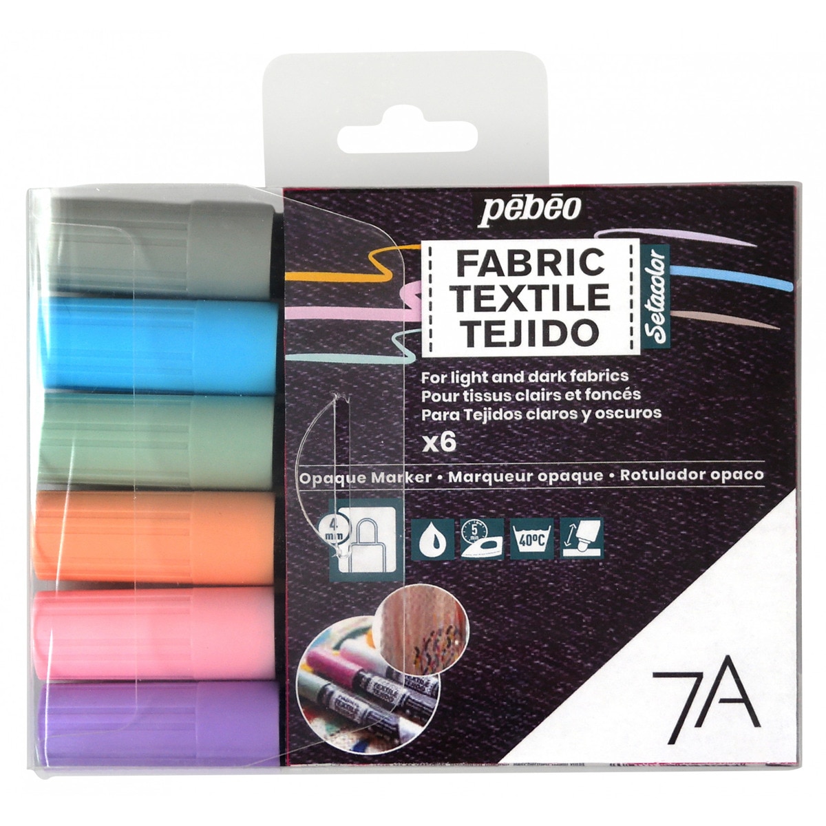 Estojo 6 Marcadores textil tecido opacas ponta 4mm Pebeo pastel Multicolor-1