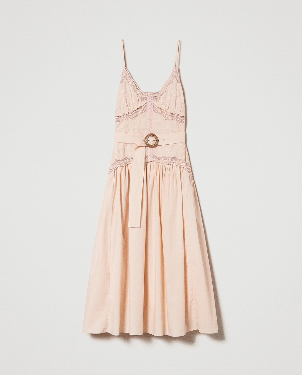 Vestido Comprido com Bordados Florais Rosa-5