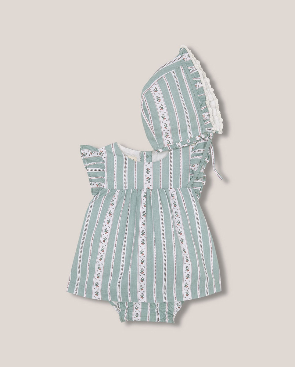 Conjunto com Capota às Riscas e Estampado Floral Verde-1