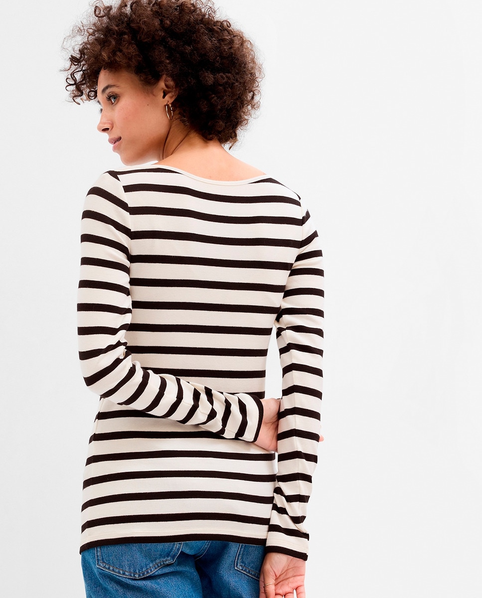 T-shirt às Riscas com Decote à Barco Marfim-2