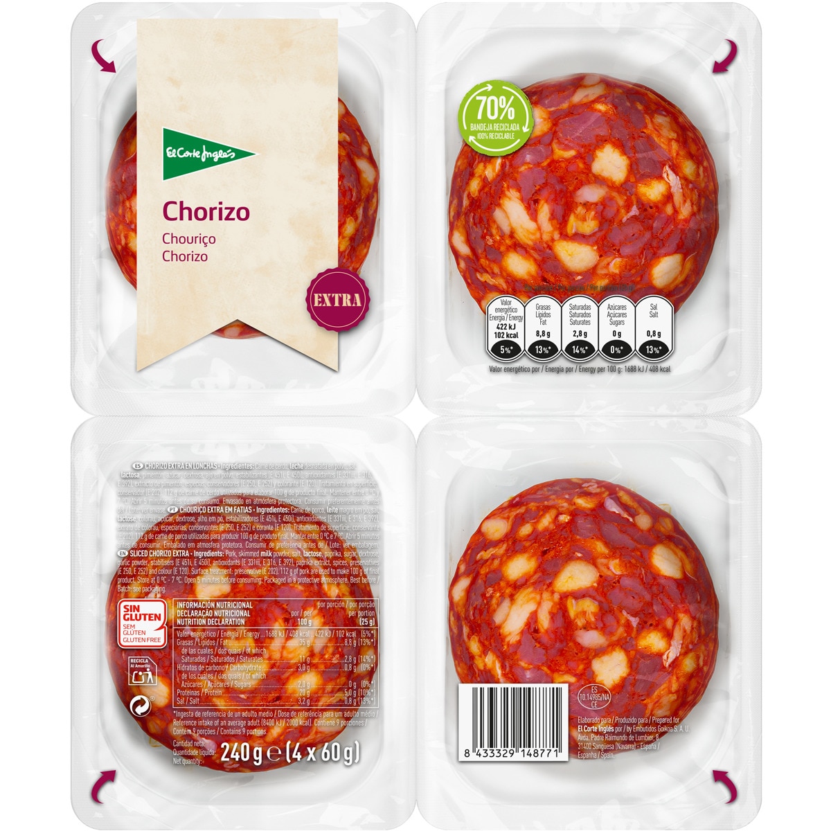 chorizo extra en lonchas pack 4 x 60 g envase 240 g sin gluten