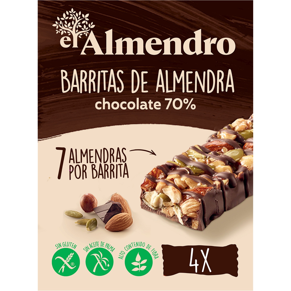 barritas de almendras y chocolate negro 70% sin gluten y sin aceite de palma estuche 100 g 4 unidades