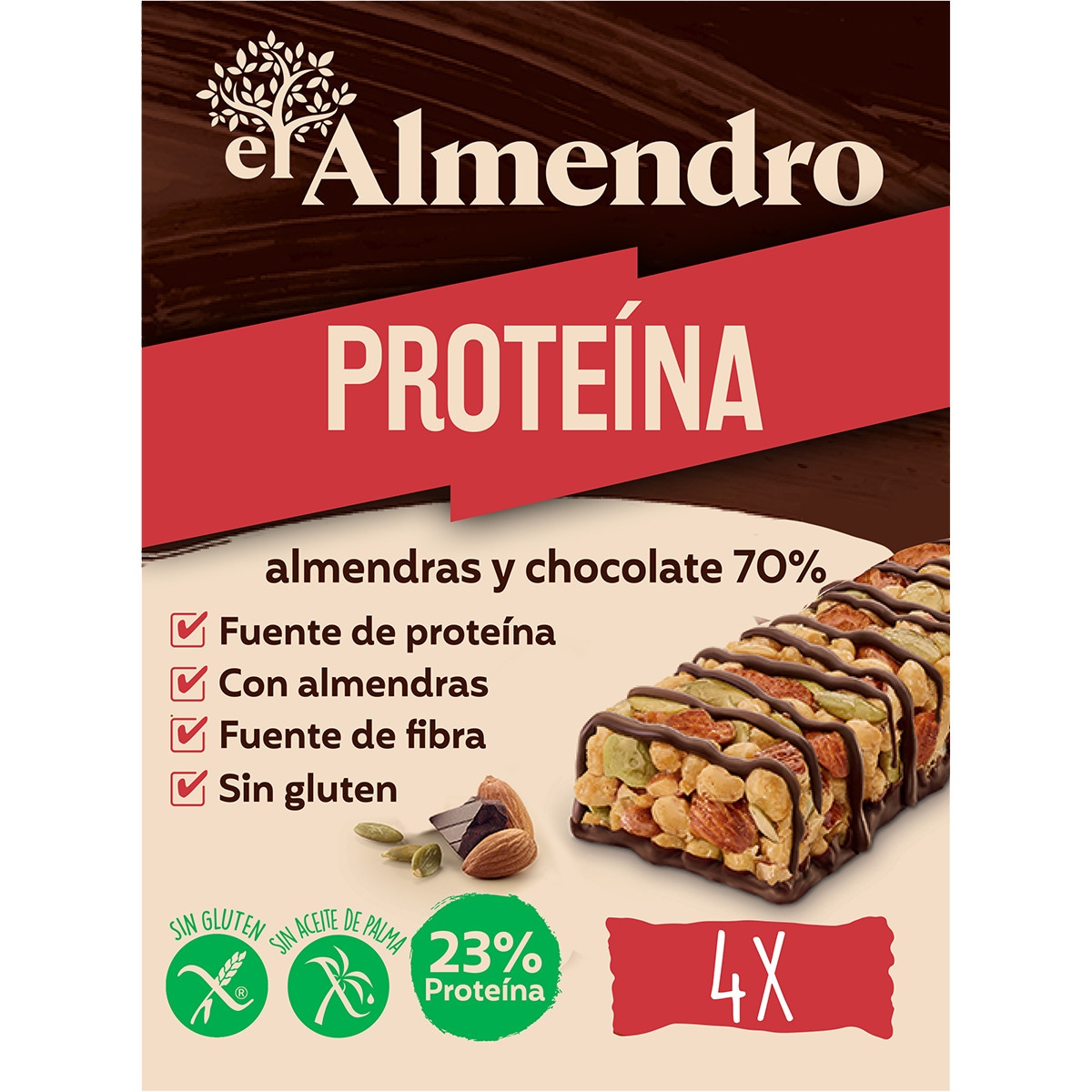 barrita de proteínas con almendras y chocolate 70% sin gluten y sin aceite de palma estuche 140 g 4 unidades