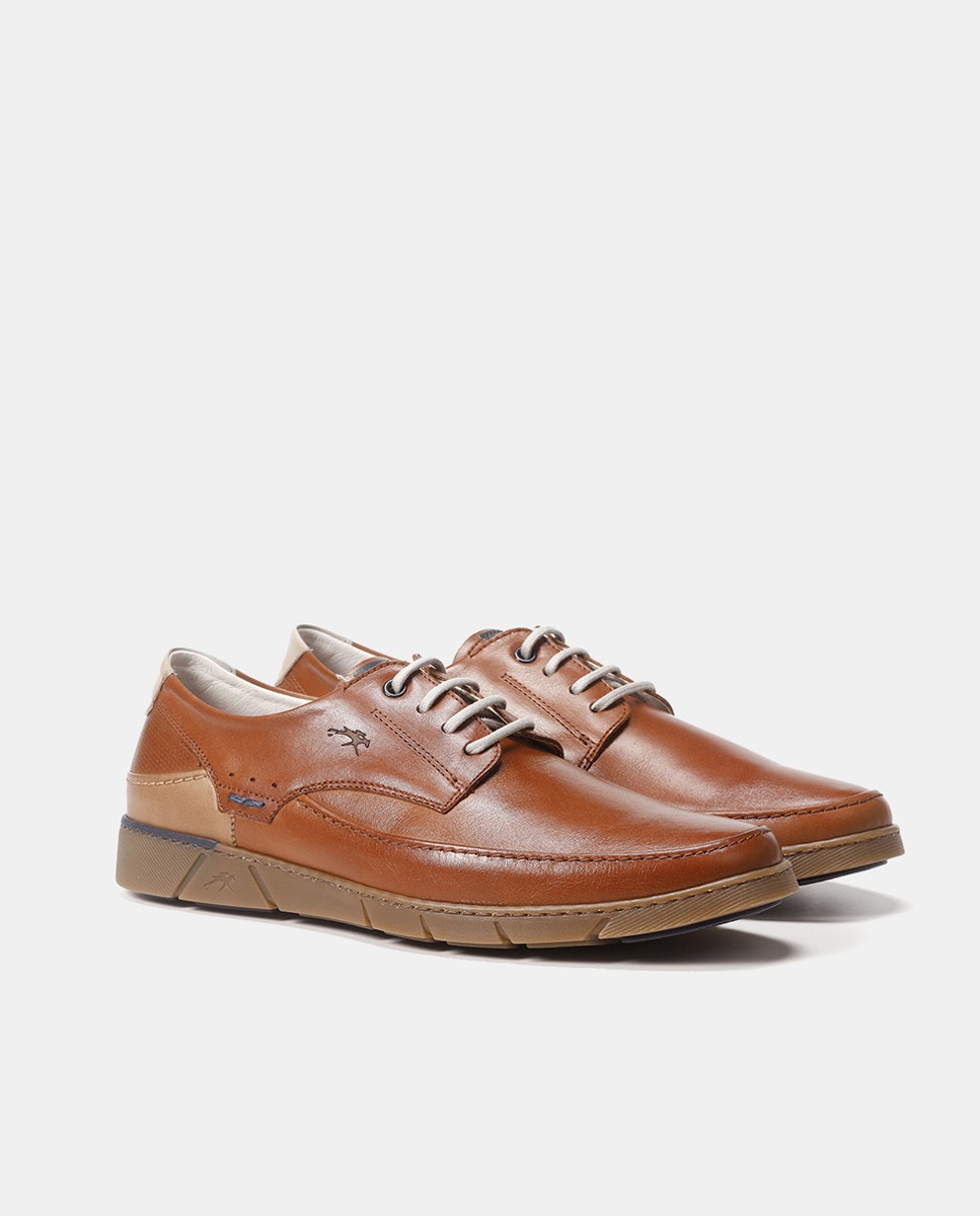 Sapatos de Atacadores com Tira, Sola de Borracha e em Pele Castanho-2