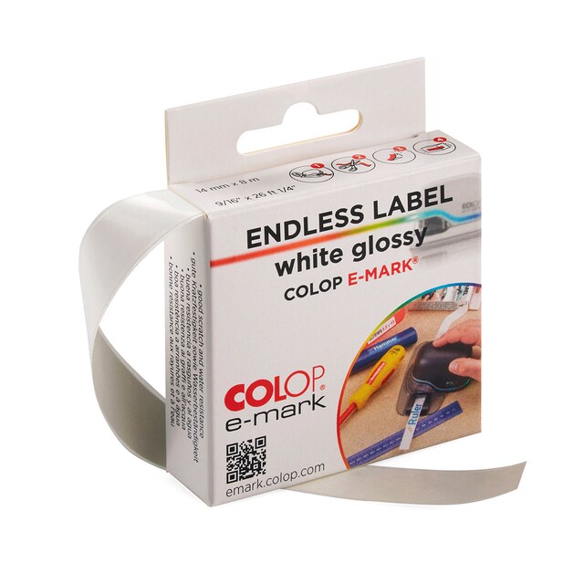 Imagen 0 de Cinta adhesiva polipropileno 14 mmx8m para impresora e-mark Colop blanco brillo