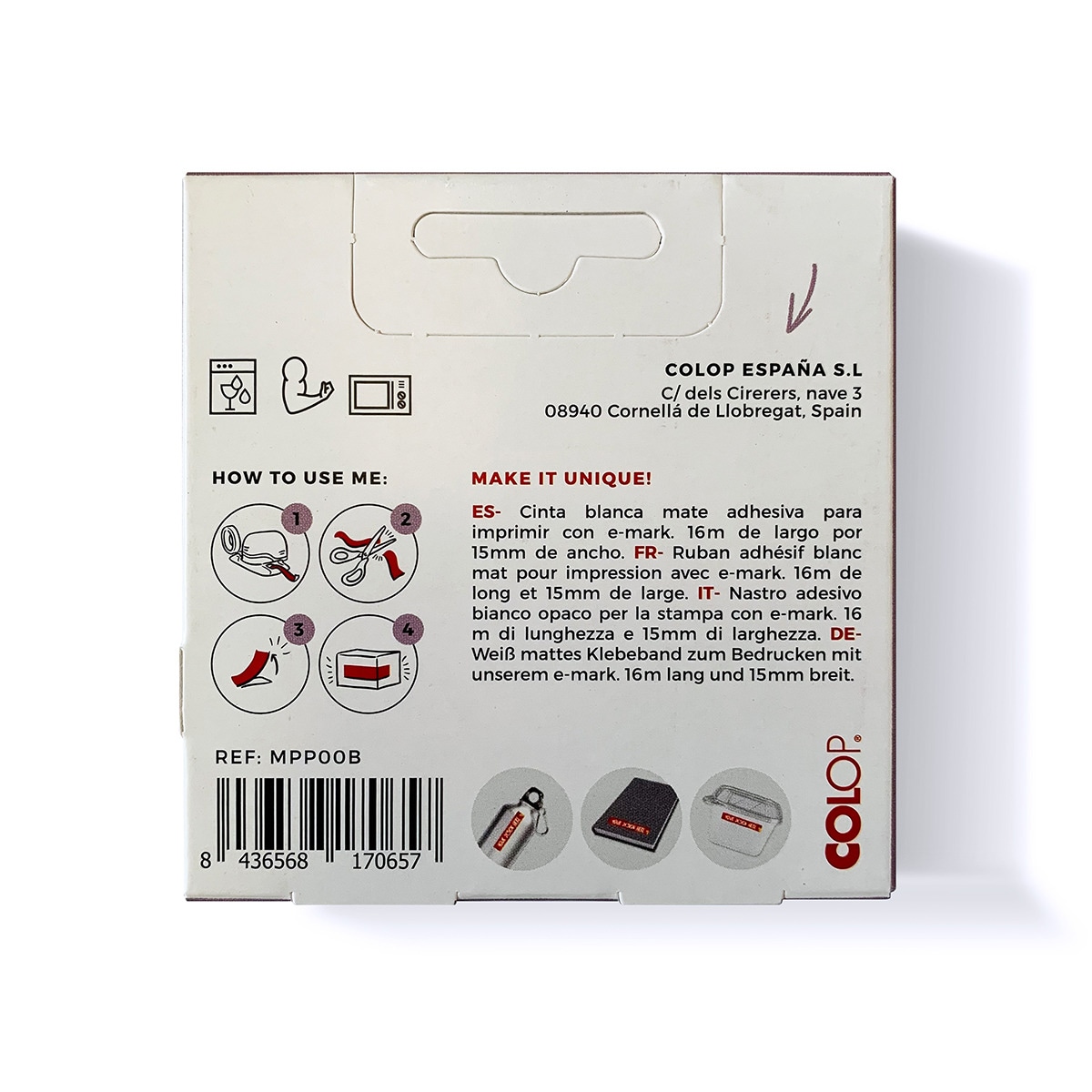 Cinta adhesiva 16mx15mm e-mark Colop mate Blanco mate-2
