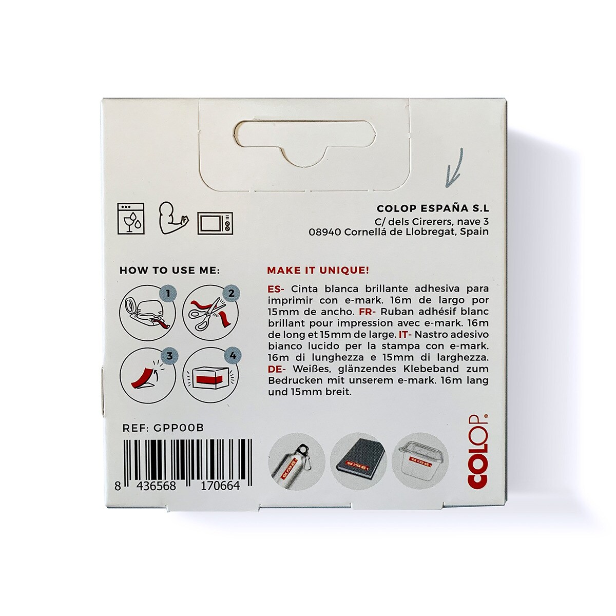 Cinta adhesiva 16mx15mm e-mark Colop brillante Blanco brillo-2