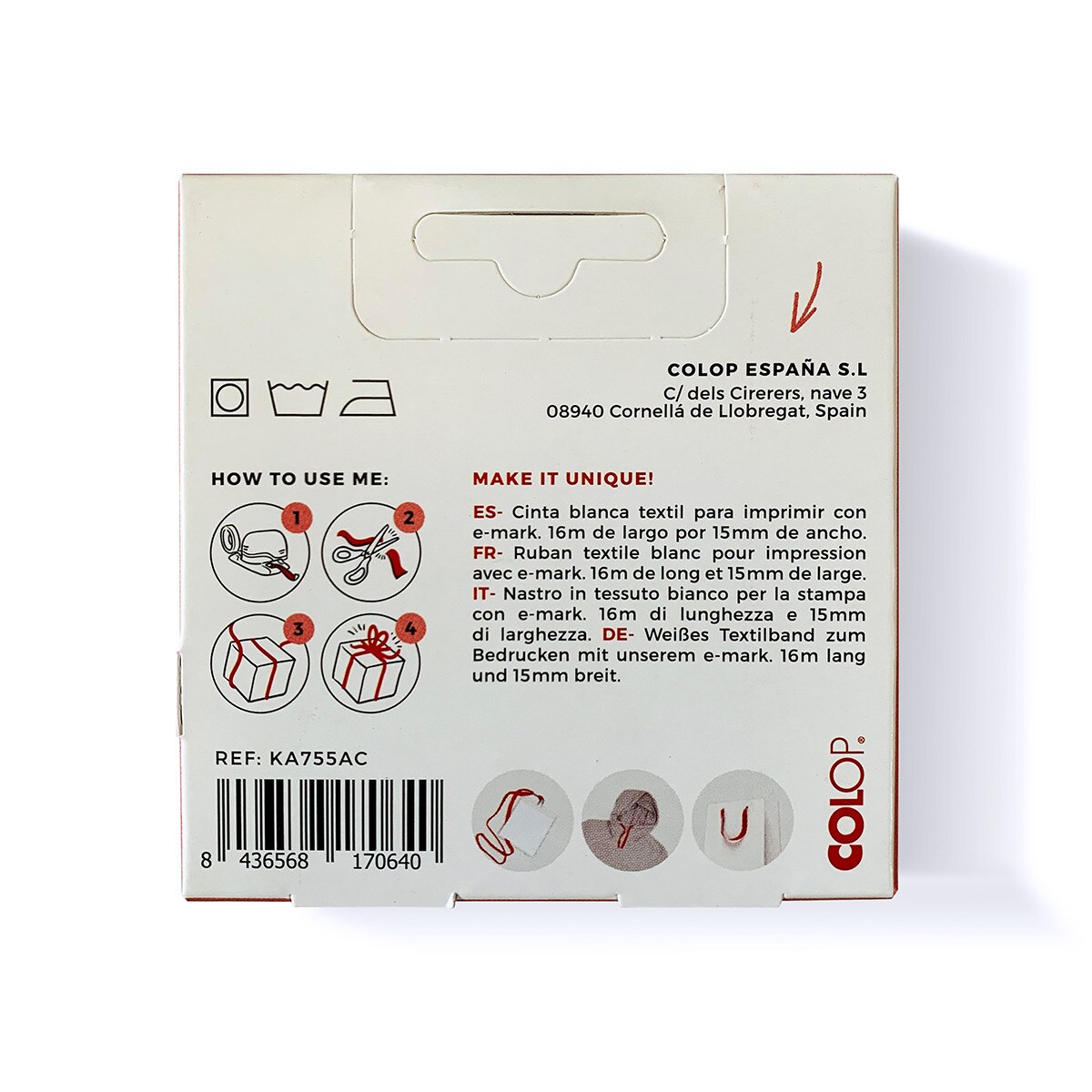 Cinta textil tafetan 16mx15mm e-mark Colop Blanco-2