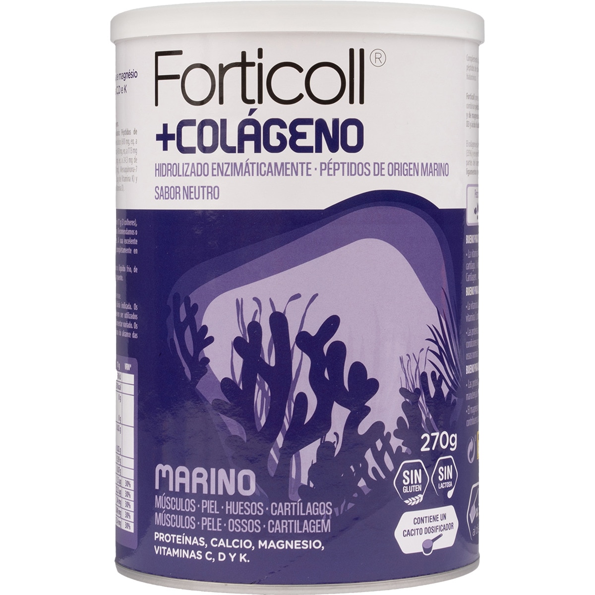 + colágeno marino con proteínas, calcio y vitamina sin gluten y sin lactosa sabor neutro bote 270 g