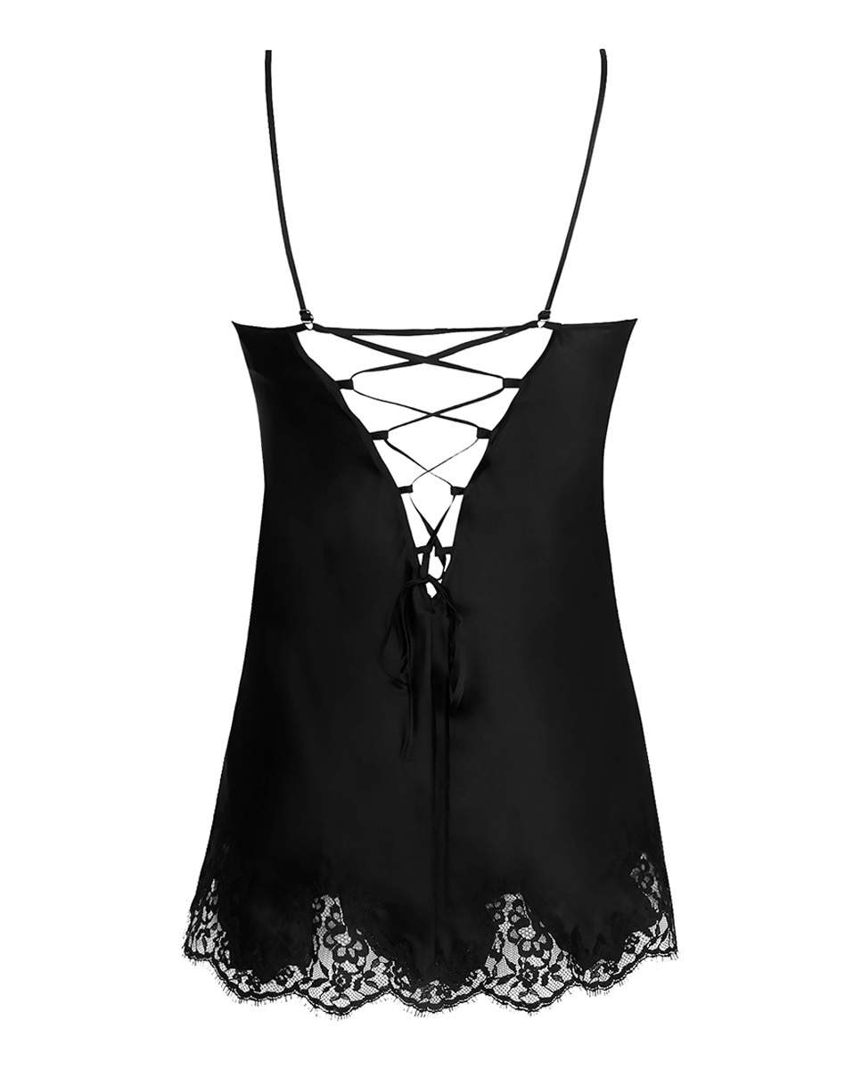 Camisa de Dormir com Alças Reguláveis e Tira de Renda na Parte Inferior em Seda Preto-5