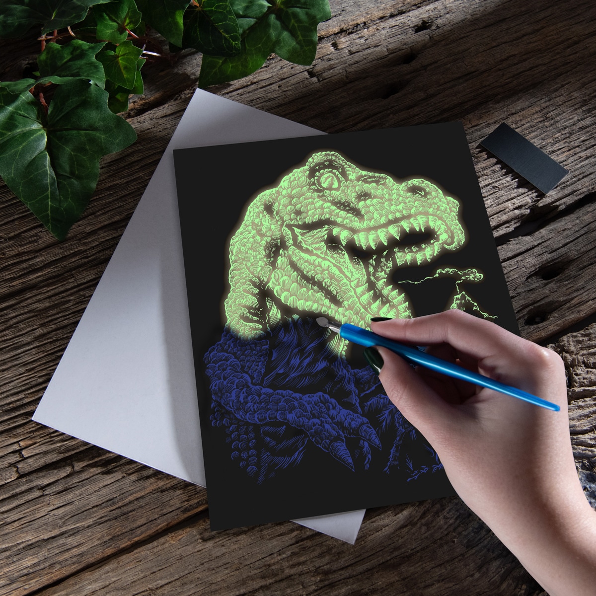 Lámina grabado Engraving Art brillo en la oscuridad dibujo Tyrannosaurus Rex Royal & Langnickel 3
