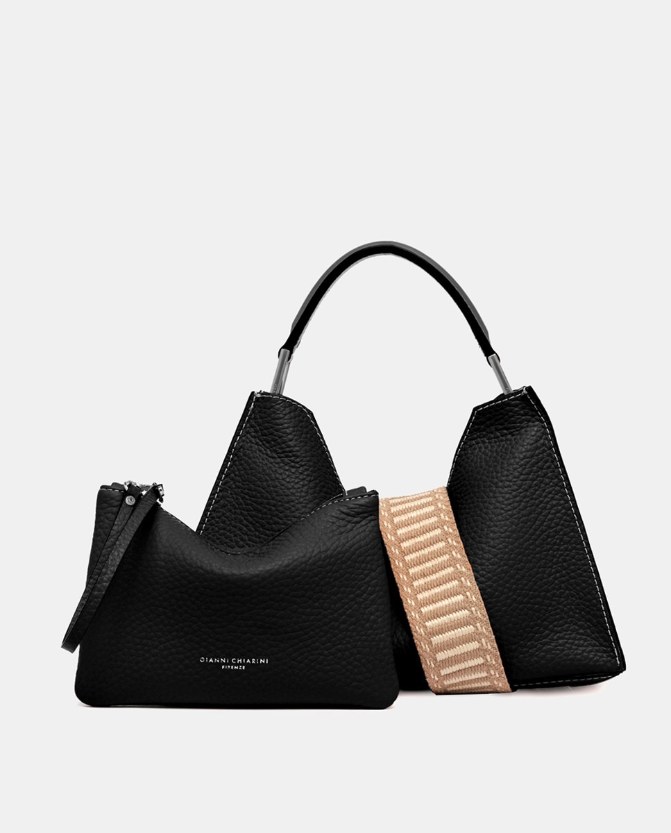 Mala Hobo Média Aurora com Compartimento Amovível e em Pele Texturada Preto-4