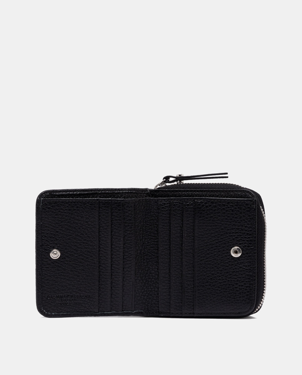 Porta-Moedas Pequeno com Fecho de Correr e em Pele Gravada Preto-3