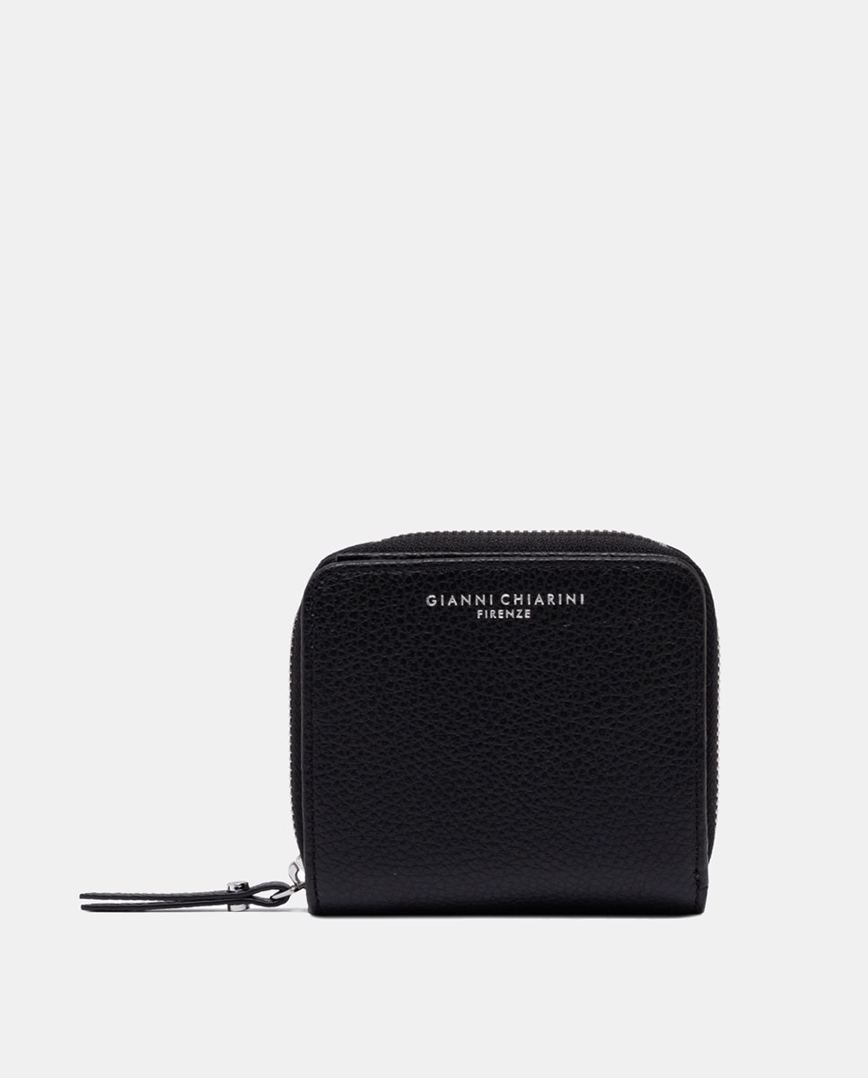 Porta-Moedas Pequeno com Fecho de Correr e em Pele Gravada Preto-1
