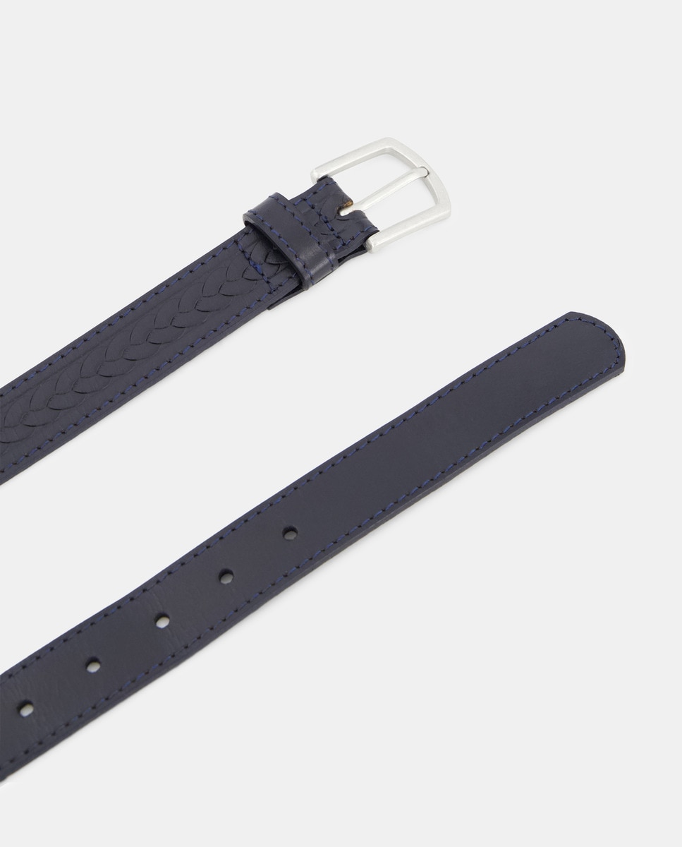 Cinto com Efeito de Trança e 100% Pele Azul-marinho-2