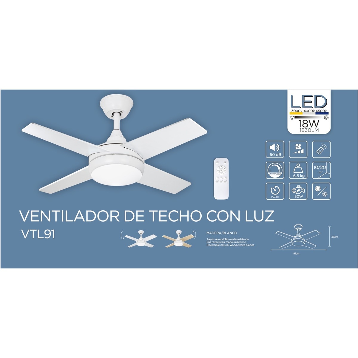 Ventilador de techo 4 Aspas 50 W con Luz LED 18 W Ø 91 cm Blanco-9