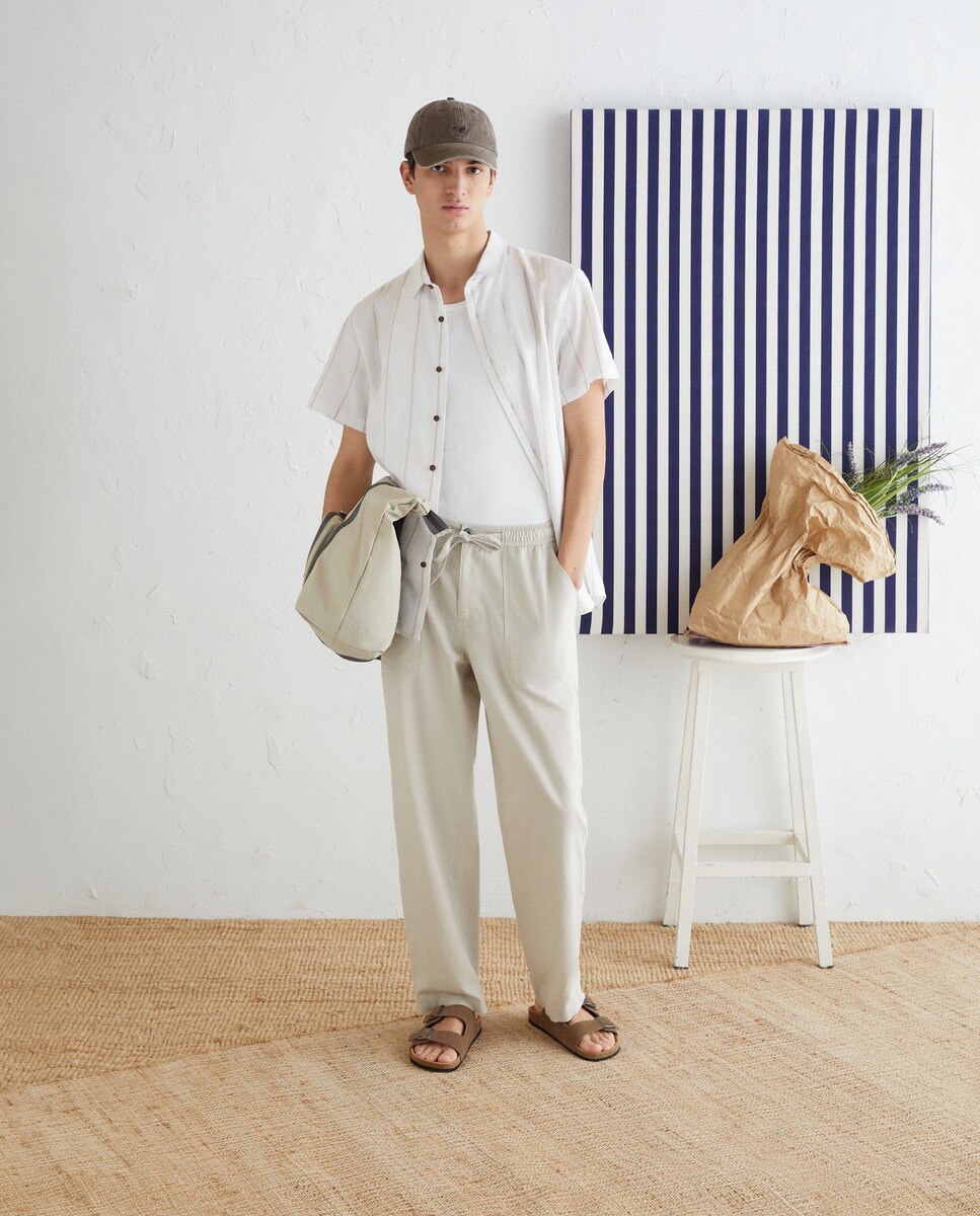 Camisa de manga corta de rayas en tejido con lino de hombre · Green