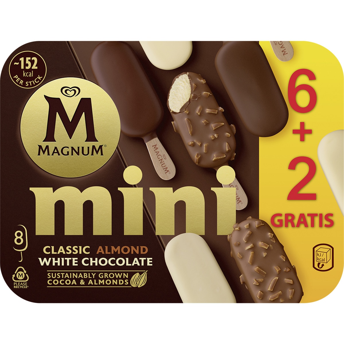 Mini helados surtidos Magnum Classico, Blanco y Almendras sin gluten 6 unidades estuche 440 ml + 2 unidades gratis