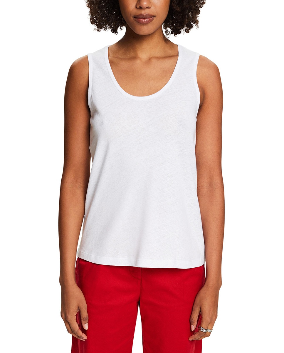 T-shirt Básica sem Mangas e com Linho Branco-1