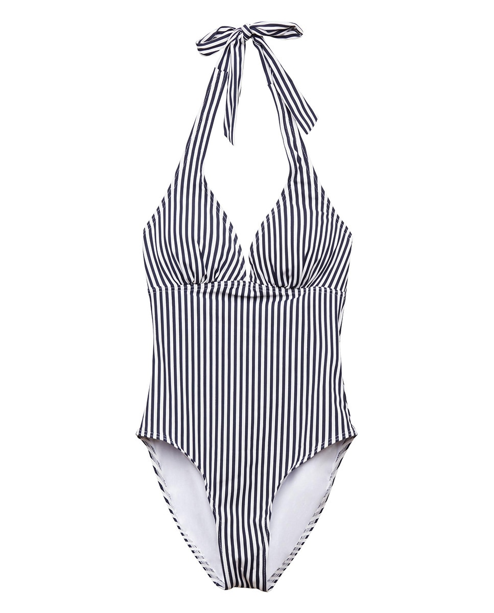 Fato de Banho Halter com Enchimento Amovível sem Aro e com Estampado às Riscas e em Tecido Estruturado com Canelado Fino Azul-marinho-5